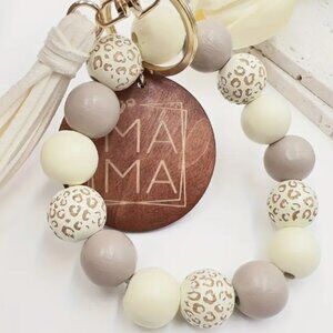 Boho Leopard Beaded Tassel Keychain Bracelet with wooden MAMA Pendant